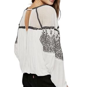 Free People Boho Embroidered Carly Top Ivory Balloon Sleeves Boxy Blouse Sz XS